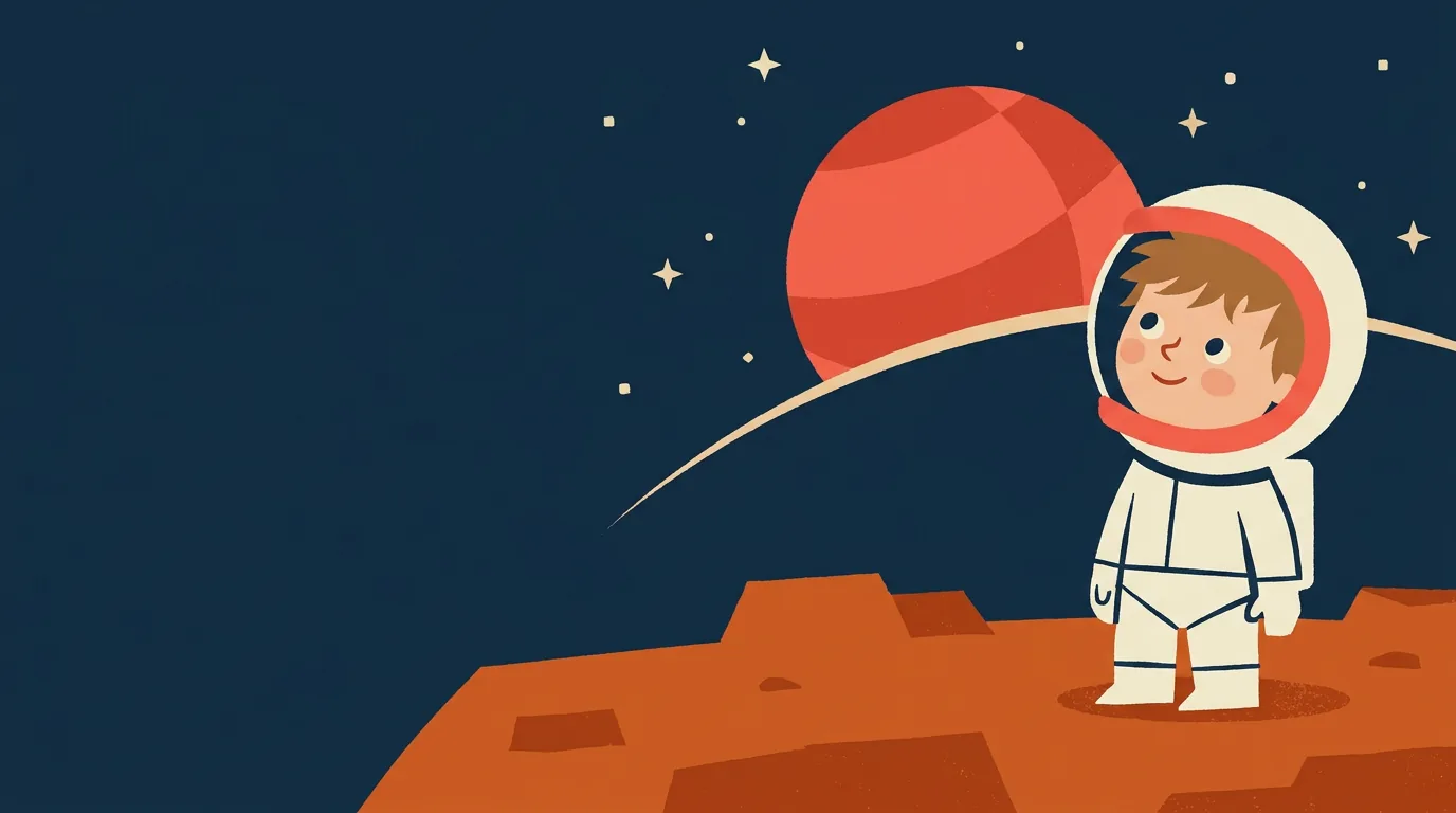 A young kid in a white spacesuit with a coral helmet stands on Mars, looking up at the planet.